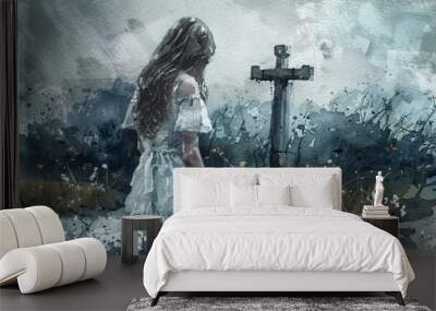 watercolor beautiful elegant young woman in white dress with long hair, kneeling and praying at the cross, faded soft blue colors, fairytale cottagecore style, by Nene Thomas, illustration isolated  Wall mural