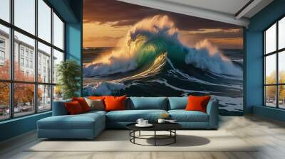 Ocean Waves Crashing at Sunset. Generative AI Wall mural