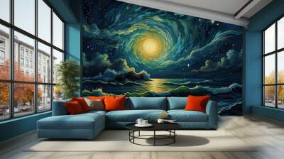 Starry Night Over the Ocean in style of Van Gogh oil painting. Generative AI	 Wall mural