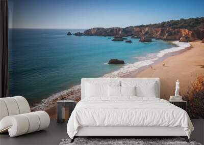 Atlantic coast in Algarve, Portugal. Beautiful bright landscape, waves and rocks on the beach Wall mural