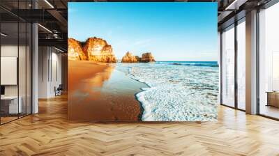 beautiful ocean landscape, the coast of Portugal, the Algarve, rocks on the sandy beach, a popular destination for travel in Europe Wall mural