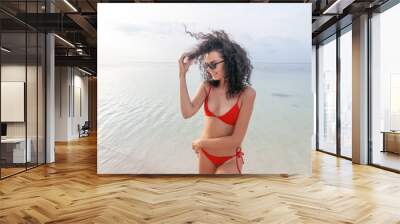 Beautiful young slim woman with dark curly hair in sunglasses against the background of the sea, natural beauty, leisure and travel Wall mural