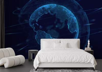 Global communication technology and telecommunication financial network around planet Earth. Blue tone image Wall mural