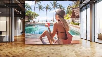 Happy blonde sexy woman on tropical background. Vacation, summer. Healthy lifestyle. Holiday concept. Swimming pool. Summer beach concept. Enjoy summer. Wall mural