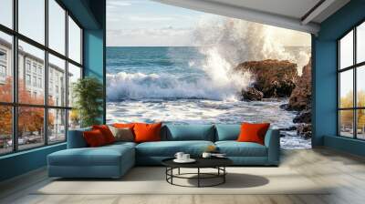 Ocean waves break against the rocks, Portugal, beautiful nature landscape Wall mural