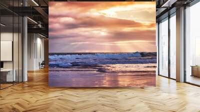 Sunset on the beach, beautiful pastel tones and rays of sun Wall mural