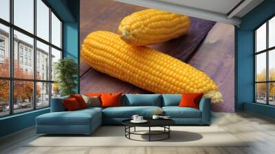 two ears of corn on the wooden background Wall mural