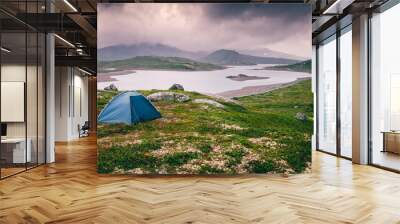 Wild camping with a tent in northern Europe traveling in Scandinavia, a national park in Norway, a beautiful landscape Wall mural