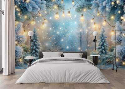 Winter wonderland photo booth with snowy background and illuminated trees Wall mural