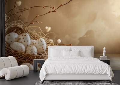  a bird's nest filled with eggs sitting on top of a pile of dry grass next to a twig and a twig branch with small white flowers. Wall mural