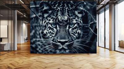  a black and white photo of a leopard's face with blue eyes and a black - and - white background. Wall mural