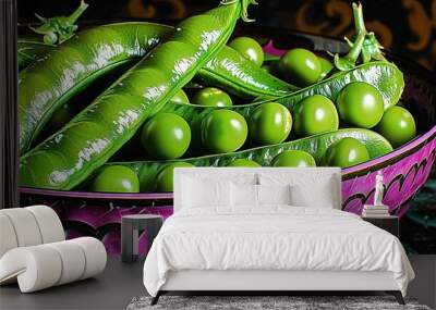   A bowl brimming with green peas sits atop a black countertop, nestled beside another bowl overflowing with the same vibrant vegetables Wall mural