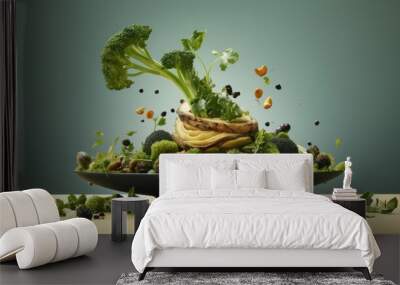  a bowl filled with broccoli and other vegetables on top of a table with other vegetables on top of it. Wall mural