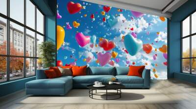  a bunch of heart shaped balloons floating in the air with a blue sky in the back ground and white clouds in the back ground and a lot of heart shaped balloons floating in the air. Wall mural