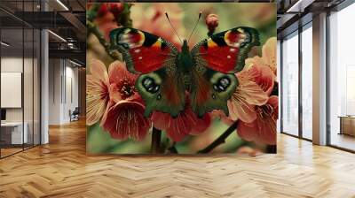   A butterfly perches on a pink petal alongside two other butterflies, one with green and red wings, on the same pink bloom Wall mural