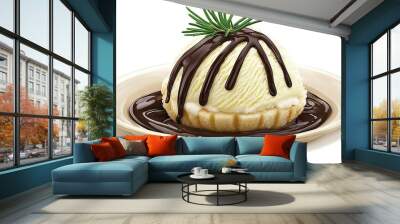   A chocolate-sauced dessert with a sprig of green leaves on a white plate Wall mural