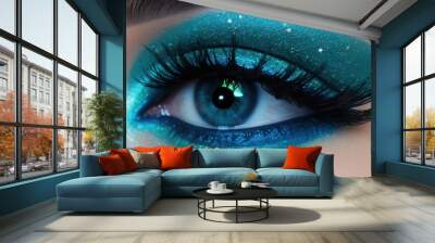  a close up of a blue eye with green and blue makeup.  generative ai Wall mural