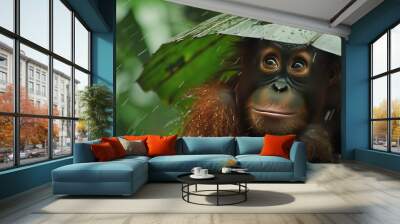   A close-up of a monkey holding an umbrella in the rain with its eyes wide open Wall mural