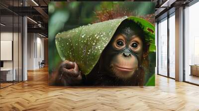   A close-up of a monkey with a leaf on its head, featuring a green leaf Wall mural