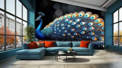   A close-up of a peacock with its feathers spread open, displaying blue, yellow, and orange tail feathers Wall mural