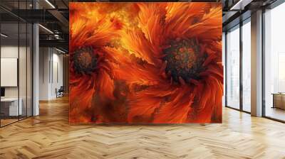  a close up of two orange sunflowers in the middle of a fire and smoke filled sky with a black center. Wall mural