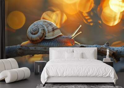   A close-up photo of a snail on a branch with out-of-focus background lights Wall mural