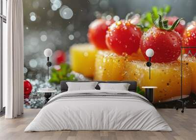   A close-up shot of a plate filled with juicy tomatoes and other delectable food items, placed on a wooden table and adorned with water droplets Wall mural