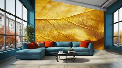   A close-up shot of a yellow leaf with water droplets on its leaf surface Wall mural