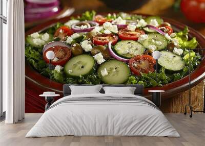   A colorful salad featuring fresh cucumbers, juicy tomatoes, crunchy onions, and creamy feta cheese served in a rustic wooden bowl Wall mural