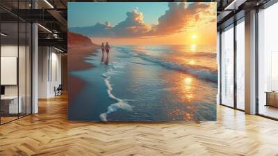  a couple of people walking along a beach next to the ocean with the sun setting over the ocean and a cliff on the side of the beach in the water. Wall mural