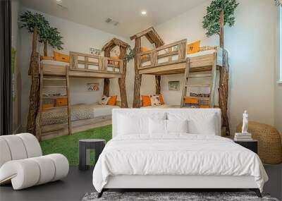   A cozy room features two comfortable bunk beds and a vibrant green rug centered on the floor Wall mural