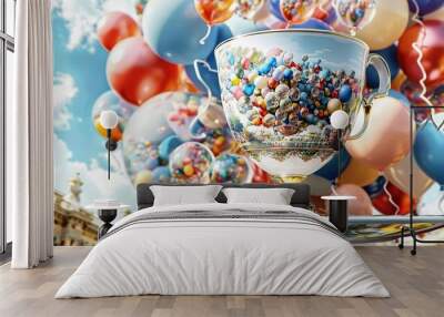   A cup filled with floating balloons in front of a building and a sky in the background Wall mural