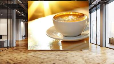  A cup of cappuccino on a saucer sits on a table with sunlight streaming through the window in the background Wall mural