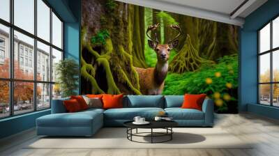  a deer standing in the middle of a forest with moss growing on it's sides and trees in the background, with a fern in the foreground.  generative ai Wall mural