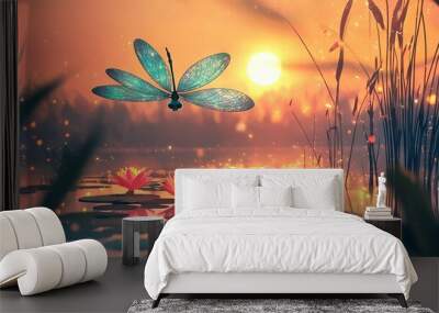   A dragonfly flies above water lilies at dusk Wall mural