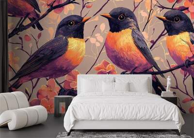   A few birds perched atop a tree laden with purple and orange blossoms, surrounded by pink blooms behind them Wall mural