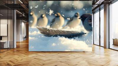   A flock of avians perched atop a mound of snow, adjacent to a quill resting atop another mound Wall mural