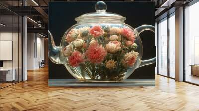   A glass teapot filled with pink & white carnations and a silver teapot w/ a clear lid Wall mural