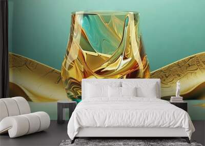   A gold winged object sits atop a table with a blue surface and a glass nearby Wall mural