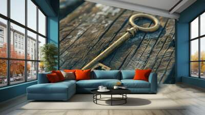   A golden key sits atop a wooden plank with a hole in its center Wall mural