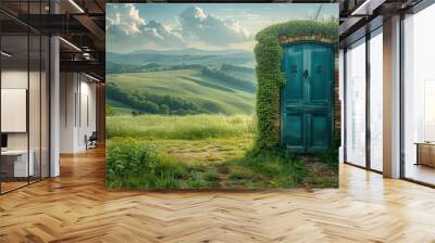   A green door stands amidst two lush green fields and towering mountains in the background Wall mural