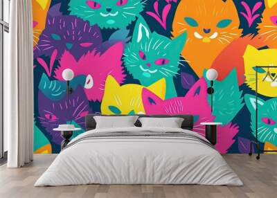  a group of colorful cats with different colored eyes and whiskers.  generative ai Wall mural