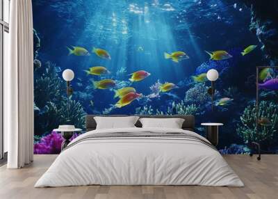   A group of colorful fish swimming in a vibrant coral reef under radiant sunbeams Wall mural