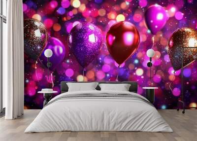   A group of shiny balloons float in the air against a purple and pink bouquet backdrop, with sparkling details Wall mural