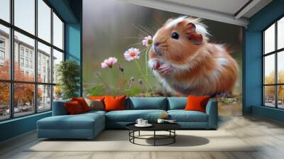   A hamster, brown and white, stands atop a grassy field Nearby, a pink and white flower blooms Wall mural