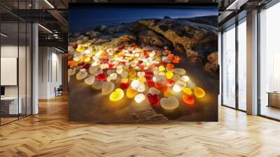  a heart made out of jelly beans on a sandy beach at night with a full moon in the sky in the background and a rock outcropping in the foreground.  generative ai Wall mural