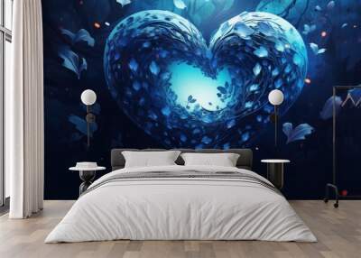  a heart - shaped piece of glass surrounded by blue leaves and a blue light in the middle of the image. Wall mural