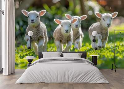   A herd of sheep on a lush green field, adjacent to another lush green grass expanse Wall mural