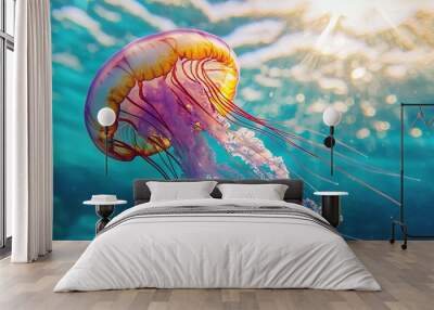   A jellyfish swimming in the ocean with sunlight reflecting off its body and head above the water's surface Wall mural