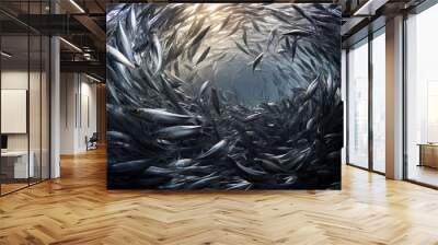  a large group of fish swimming through a tunnel of water.  generative ai Wall mural